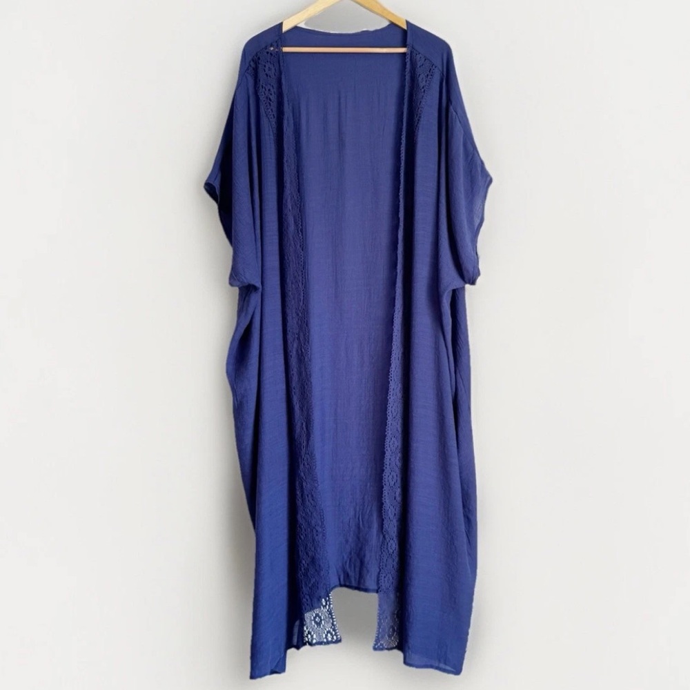 Unbranded Women’s Blue Midi Kimono Lace Trim Kimono Sleeve Boho Resort Vacation